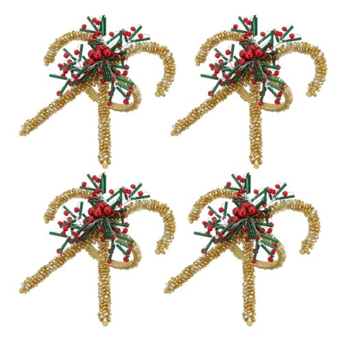 Fennco Styles Hand Beaded Holiday Candy Cane Napkin Rings, Set of 4 - Gold Glass Bead Napkin Holders for Dining Room, Banquet, Family Gathering, Christmas Décor and Special Occasion