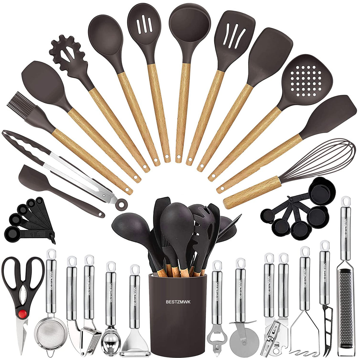 Cooking Utensils Set- 35 PCs Kitchen Utensils with Grater,Tongs, Spoon Spatula &Turner Made of Heat Resistant Food Grade Silicone and Wooden Handles Kitchen Gadgets Tools Set for Cookware