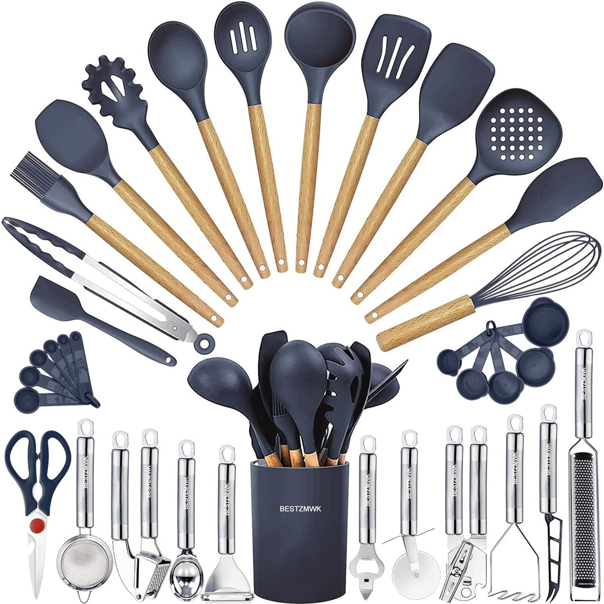 Cooking Utensils Set- 35 PCs Kitchen Utensils with Grater,Tongs, Spoon Spatula &Turner Made of Heat Resistant Food Grade Silicone and Wooden Handles Kitchen Gadgets Tools Set for Cookware