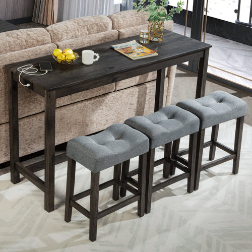 4 Piece Bar Table Set with Power Outlet, Bar Table Set with Chairs, Sofa Bar Table with Stools, Behind Couch Table with 3 Padded Stools, for Living Room, Dining room, Dark Gray