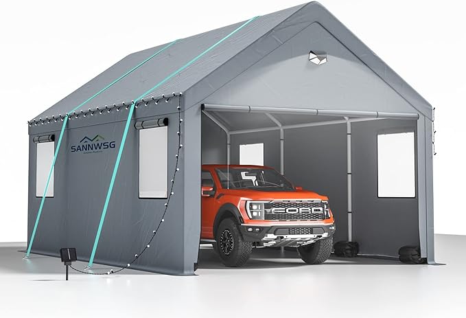 10x20 ultra large portable carport garage with rolling shutter windows and waterproof cloth, metal roof and side walls