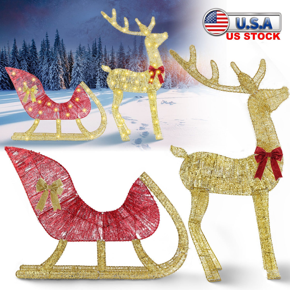 Lighted Christmas Reindeer & Sleigh Indoor Outdoor Christmas Decoration Christmas Lighted Display with 8 Lighting Modes