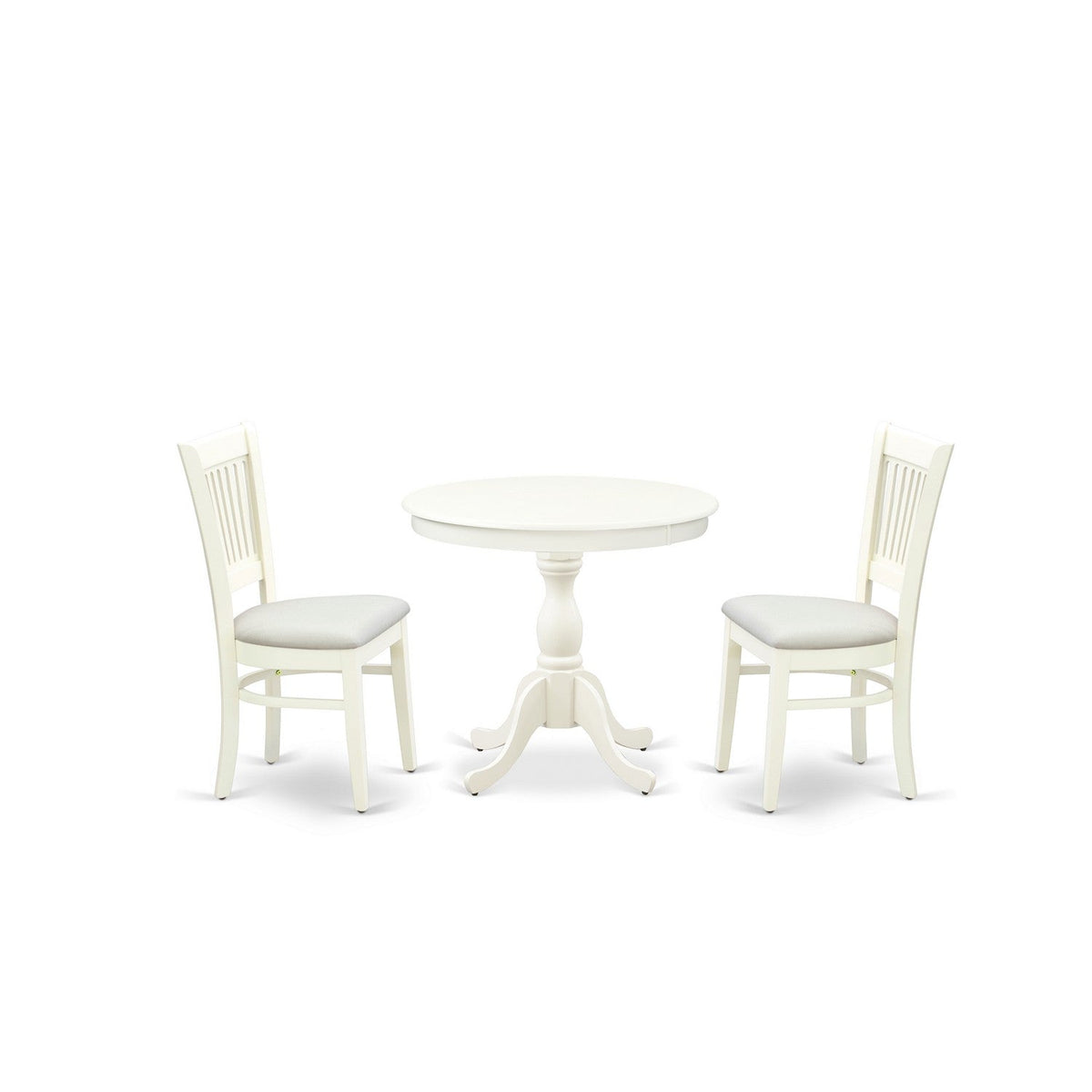 EAST WEST FURNITURE - AMVA3-LWH-C - 3-Piece Dinette Set- 2 Dining Room Chair and Round Dining Table - Linen Fabric Seat and Slatted Chair Back (linen white Finish)