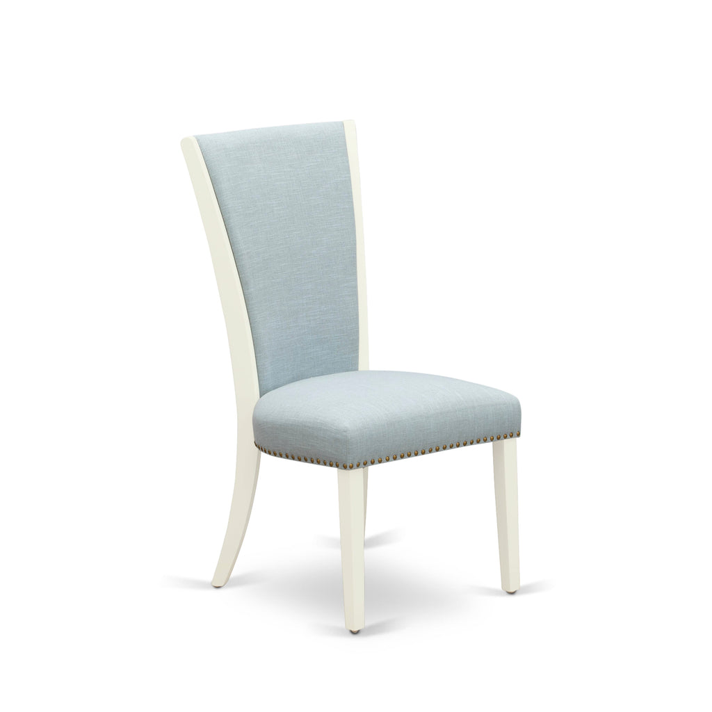 EAST WEST FURNITURE - AVVE5-LWH-15 - 5 Pc Dining Room Table Set - 4 Baby Blue Linen Fabric Dining Padded Chairs with High Back and 1 Removable leaf Oval Dining Table - linen white Finish