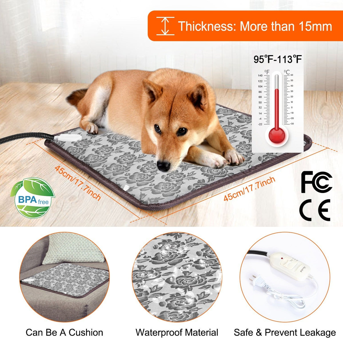 Pet Heating Pad Dog Cat Electric Heating Mat Waterproof Adjustable Warming Blanket with Chew Resistant Steel Cord Case