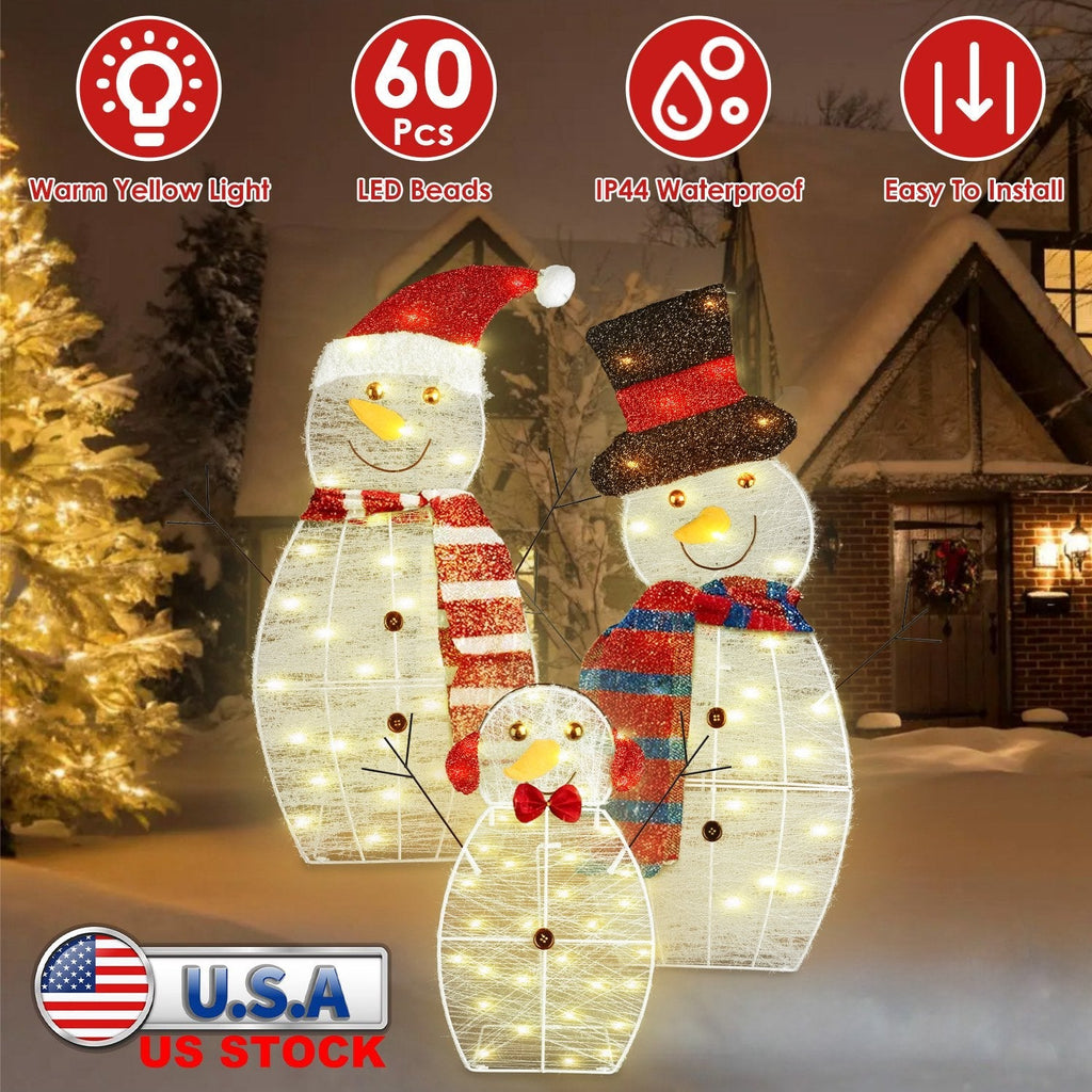 3Pcs 2D Christmas Snowman Yard Decoration Snowman Family Outdoor Decoration With 60Pcs LED Warm Yellow Lights IP44 Waterproof For Christmas Indoor Out