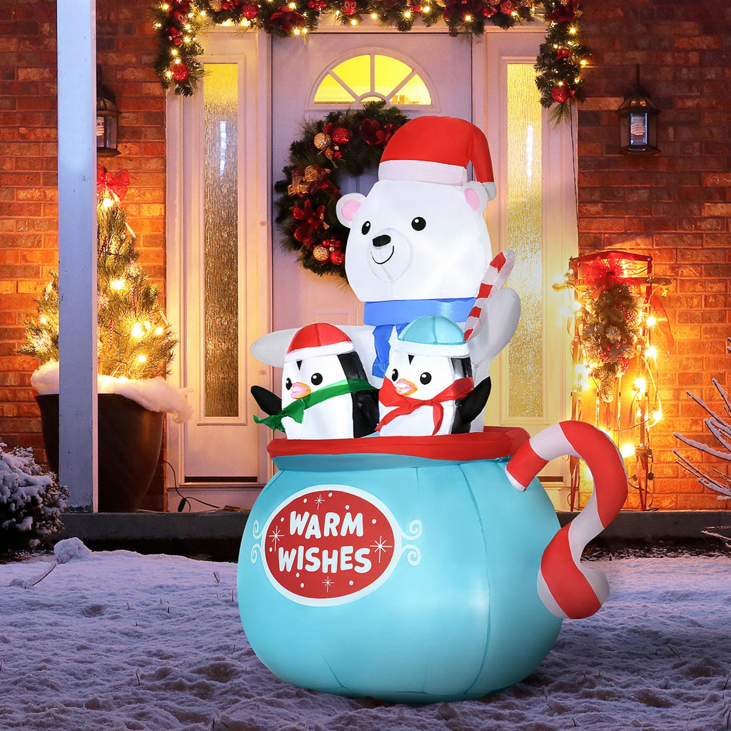 Outsunny 5ft Christmas Inflatable Outdoor Decoration Blessed Polar Bear and Penguins in the Cup
