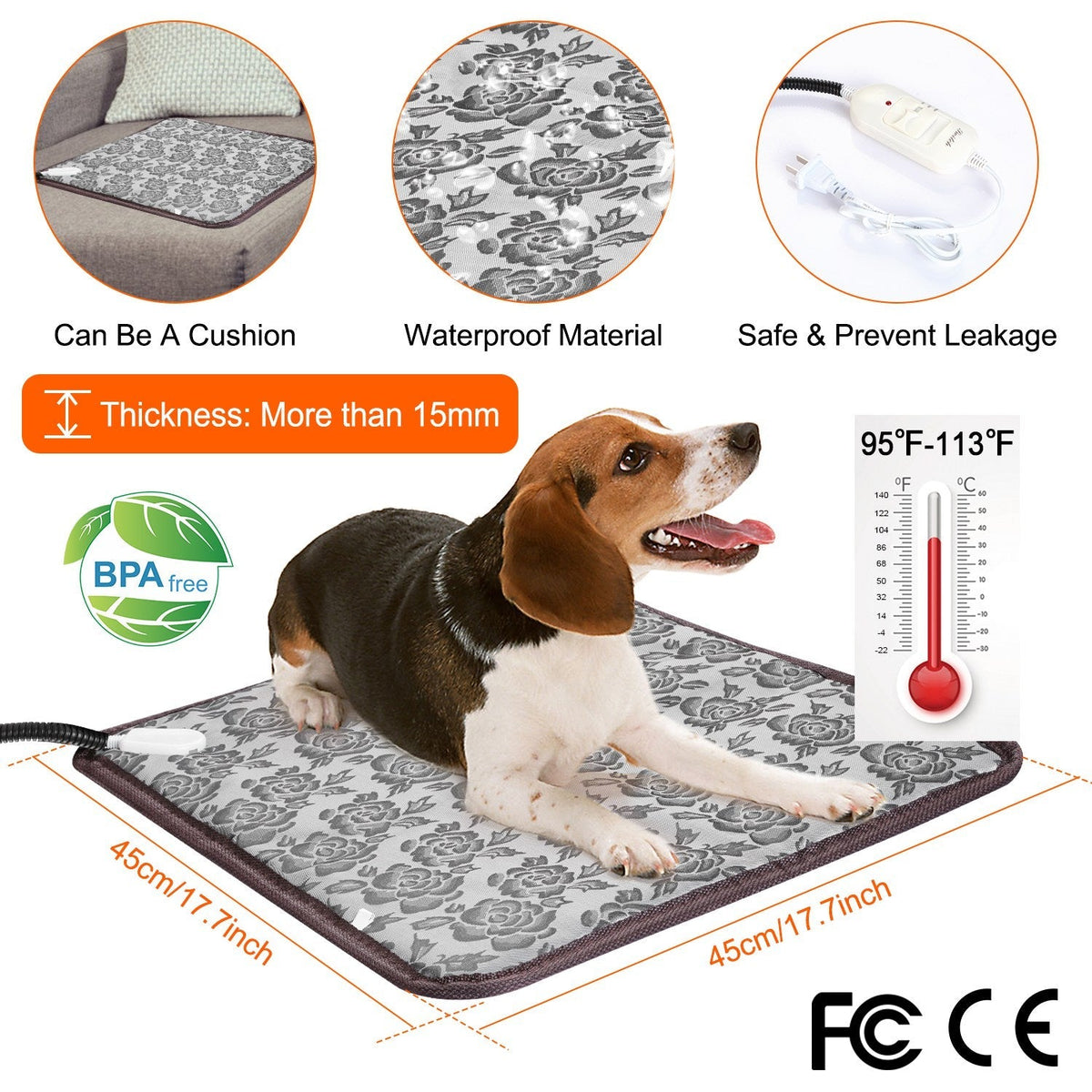 Pet Heating Pad Dog Cat Electric Heating Mat Waterproof Adjustable Warming Blanket with Chew Resistant Steel Cord Case